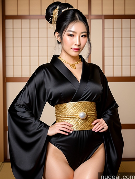 ai nude image of araffe woman in a black and gold outfit posing for a picture pics of Busty Perfect Boobs Big Hips Long Legs Oiled Body Sexy Face Black Hair Japanese Onsen Fantasy Armor Jewelry Pearl Jewelry Geisha Kimono Hair Tied Up Sweater Gold Jewelry