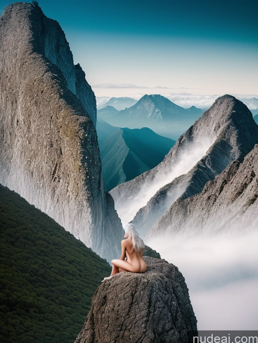 ai nude image of there is a woman sitting on a rock looking out over the mountains pics of One Busty Seductive Long Hair Surrealist Close-up View Spreading Legs Nude 80s Woman White Hair Russian Mountains