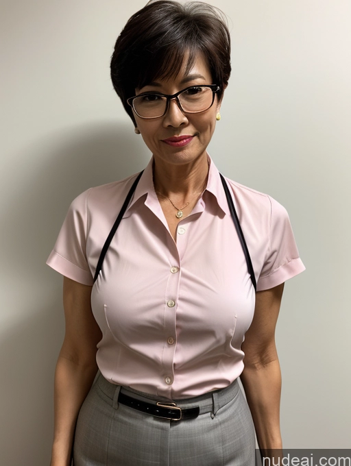 ai nude image of there is a woman wearing a pink shirt and grey skirt pics of Milf Perfect Boobs Beautiful Glasses Perfect Body 50s Sexy Face Short Hair Chinese Blouse Shirt Stylish Cleavage Partially Nude Dark Lighting Detailed Secretary Professor Teacher Doctor