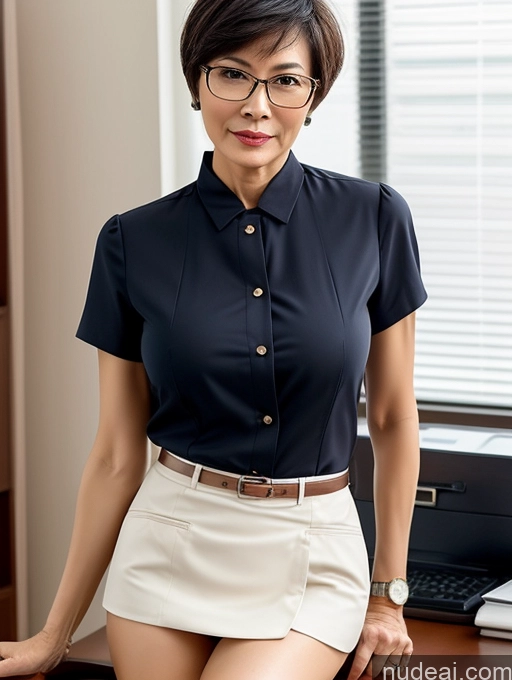 ai nude image of there is a woman sitting at a desk with a laptop pics of Milf Perfect Boobs Beautiful Glasses Perfect Body 50s Sexy Face Short Hair Chinese Blouse Shirt Stylish Cleavage Partially Nude Dark Lighting Detailed Secretary Professor Teacher Doctor