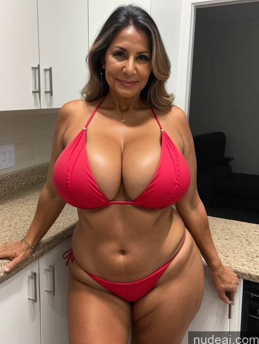 ai nude image of arafed woman in a pink bikini posing in a kitchen pics of Milf One Busty Huge Boobs Tanned Skin 70s Brazilian Front View Microkini Thong Lab Coat Professor