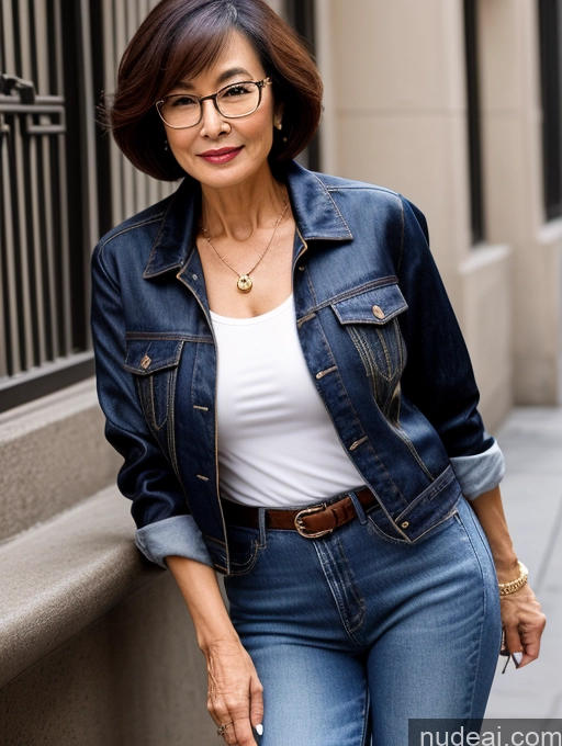 ai nude image of arafed woman in a white shirt and blue jean jacket pics of Milf Small Tits Perfect Body Beautiful Glasses 60s Sexy Face Short Hair Chinese Casual Blouse Jeans Jacket High Heels Stylish Detailed Dark Lighting