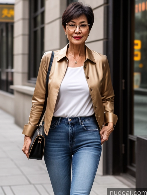 ai nude image of araffe woman in a gold jacket and jeans walking down a sidewalk pics of Milf Small Tits Perfect Body Beautiful Glasses 60s Sexy Face Short Hair Chinese Casual Blouse Jeans Jacket High Heels Stylish Detailed Dark Lighting