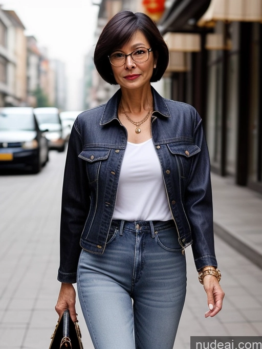 ai nude image of woman in jeans and a white shirt walking down a street pics of Milf Small Tits Perfect Body Beautiful Glasses 60s Sexy Face Short Hair Chinese Casual Blouse Jeans Jacket High Heels Stylish Detailed Dark Lighting