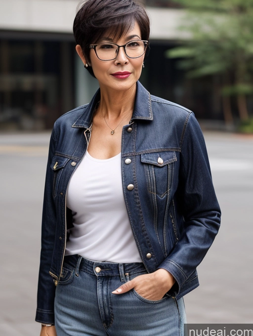 ai nude image of arafed woman in a white shirt and blue jean jacket pics of Milf Small Tits Perfect Body Beautiful Glasses Sexy Face Short Hair Chinese Casual Blouse Jeans Jacket High Heels Stylish Detailed Dark Lighting 50s