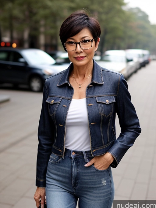 ai nude image of woman in jeans and a white top standing on a sidewalk pics of Milf Small Tits Perfect Body Beautiful Glasses Sexy Face Short Hair Chinese Casual Blouse Jeans Jacket High Heels Stylish Detailed Dark Lighting 50s