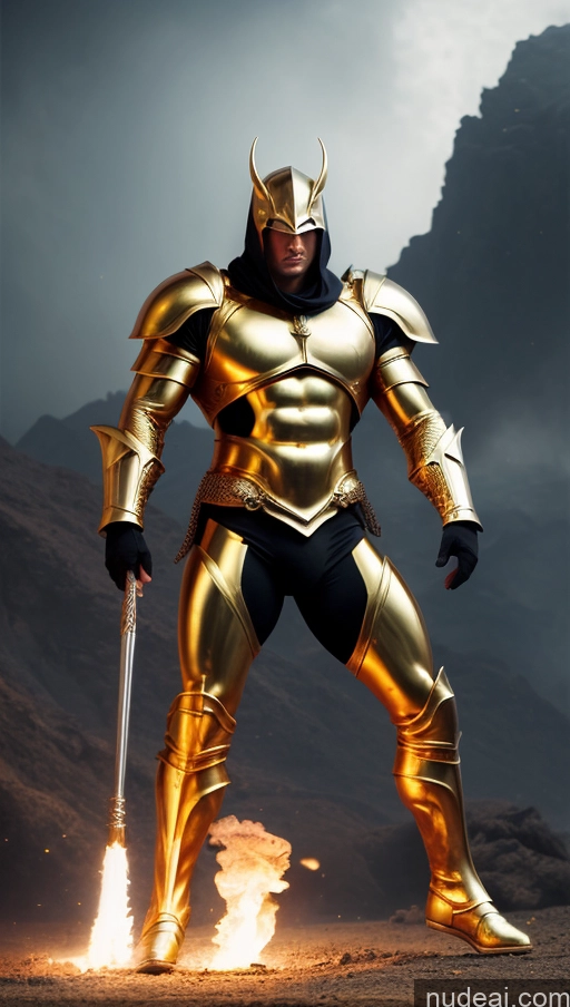 ai nude image of arafed man in a golden armor with a sword and a fire pics of Bodybuilder Several Busty Muscular Abs Persian Knight Regal Gold Jewelry Perfect Body Fantasy Armor Battlefield Heat Vision Powering Up Surrealist Dynamic View