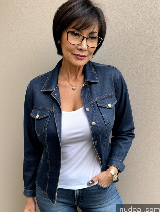 ai nude image of arafed woman in a white shirt and blue jean jacket pics of Milf Small Tits Perfect Body Beautiful Glasses Sexy Face Short Hair Casual Blouse Jeans Jacket High Heels Stylish Detailed Dark Lighting Asian 70s