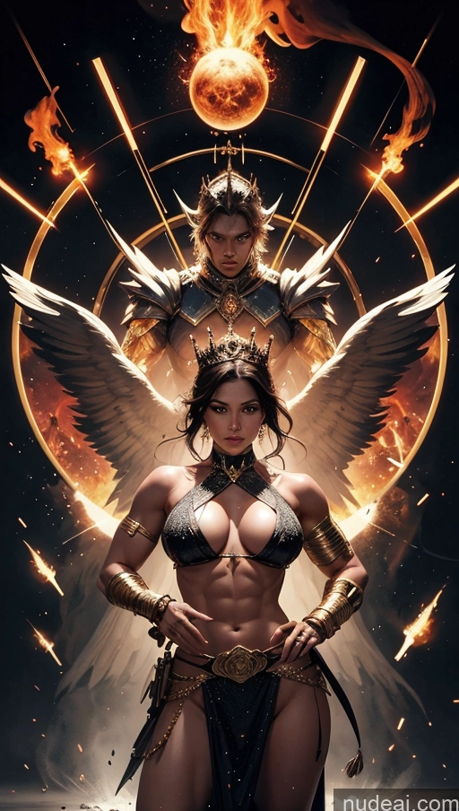 ai nude image of a close up of a woman with a sword and a fire angel pics of Bodybuilder Several Busty Muscular Abs Persian Knight Regal Gold Jewelry Perfect Body Fantasy Armor Battlefield Heat Vision Powering Up Surrealist Dynamic View