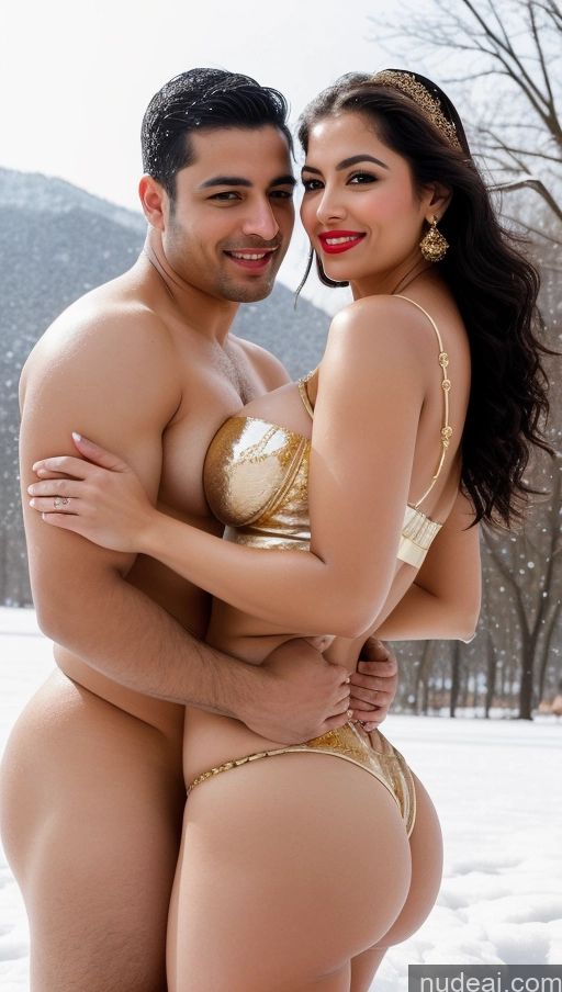 ai nude image of araffes in a gold bikini and a man in a white shirt pics of Busty Huge Boobs Beautiful Lipstick Big Ass Chubby Fairer Skin 50s Happy Sexy Face Black Hair Straight Skin Detail (beta) Front View Gold Jewelry Bright Lighting Traditional Bra Thong Seductive Snow Woman + Man Middle Eastern