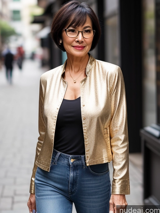 ai nude image of araffe woman in gold jacket and jeans walking down a street pics of Milf Small Tits Perfect Body Beautiful Glasses Sexy Face Short Hair Casual Blouse Jeans Jacket High Heels Stylish Detailed Dark Lighting Asian 70s