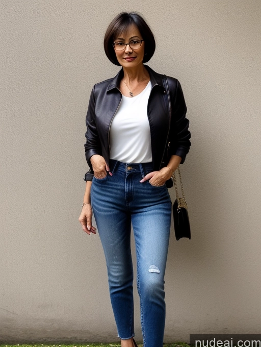 ai nude image of araffe woman in a white shirt and black jacket and jeans pics of Milf Small Tits Perfect Body Beautiful Glasses Sexy Face Short Hair Casual Blouse Jeans Jacket High Heels Stylish Detailed Dark Lighting Asian 70s