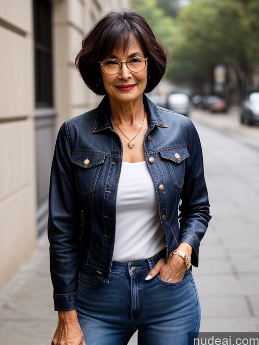 ai nude image of smiling woman in jeans and a denim jacket standing on a sidewalk pics of Milf Small Tits Perfect Body Beautiful Glasses Sexy Face Short Hair Casual Blouse Jeans Jacket High Heels Stylish Detailed Dark Lighting Asian 70s