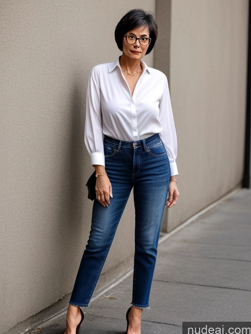 ai nude image of arafed woman in white shirt and jeans leaning against a wall pics of Milf Small Tits Perfect Body Beautiful Glasses Sexy Face Short Hair Casual Blouse Jeans High Heels Stylish Detailed Dark Lighting Asian 70s Suit