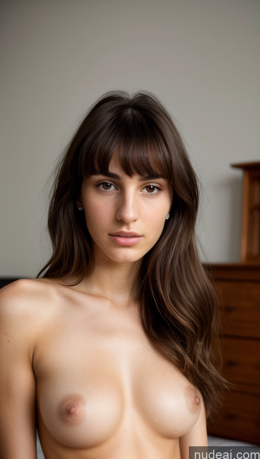 ai nude image of nude woman with long brown hair posing on bed with white sheets pics of Model Small Tits Beautiful Skinny 18 Serious Brunette Bangs Jewish Bedroom Close-up View Nude Bright Lighting