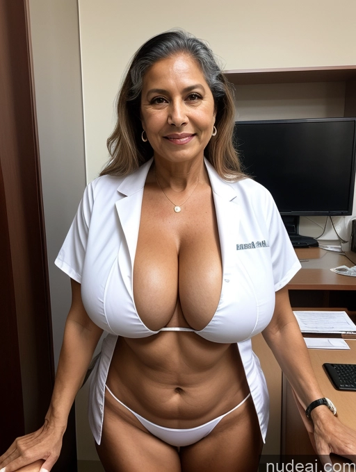 ai nude image of arafed woman in a white shirt and panties posing for a picture pics of Milf One Busty Huge Boobs Tanned Skin 70s Front View Microkini Thong Lab Coat Professor Brazilian