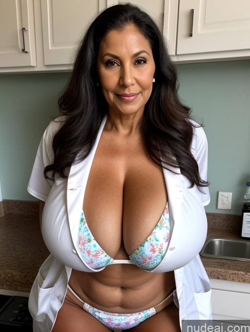 ai nude image of arafed woman in a white shirt and floral panties posing for a picture pics of Milf One Busty Huge Boobs Tanned Skin 70s Brazilian Front View Microkini Thong Lab Coat Professor