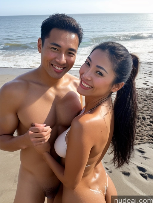 related ai porn images free for Tanned Skin Happy Black Hair Ponytail Chinese Mirror Selfie Beach Bright Lighting 50s Close-up View Two Woman + Man Cumshot