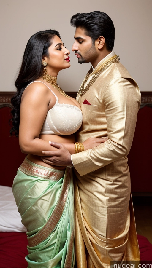 ai nude image of there is a man and woman in a golden outfit embracing pics of Busty Huge Boobs Beautiful Lipstick Chubby Fairer Skin Big Ass 50s Seductive Sexy Face Black Hair Straight Indian Skin Detail (beta) Snow Front View Bra Traditional Gold Jewelry Bright Lighting Woman + Man Sari