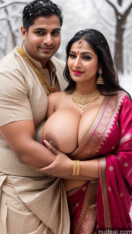 ai nude image of araffes in a sari and a man in a snowstorm pics of Busty Huge Boobs Beautiful Lipstick Chubby Fairer Skin Big Ass 50s Seductive Sexy Face Black Hair Straight Indian Skin Detail (beta) Snow Front View Bra Traditional Gold Jewelry Bright Lighting Woman + Man Sari