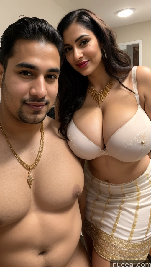 ai nude image of araffes woman in a white dress and a man in a gold outfit pics of Busty Huge Boobs Beautiful Lipstick Chubby Fairer Skin Big Ass 50s Seductive Sexy Face Black Hair Straight Indian Skin Detail (beta) Snow Front View Bra Traditional Gold Jewelry Bright Lighting Woman + Man Wedding Thong Nude