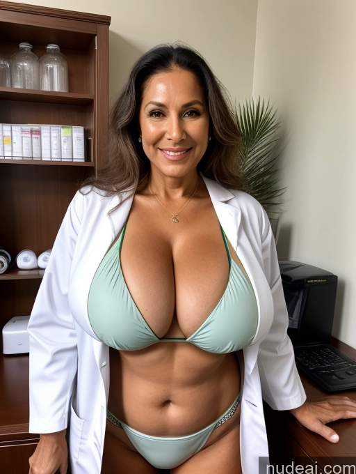 ai nude image of arafed woman in a white lab coat posing for a picture pics of Milf One Busty Huge Boobs Tanned Skin Front View Microkini Thong Professor Brazilian 70s Lab Coat