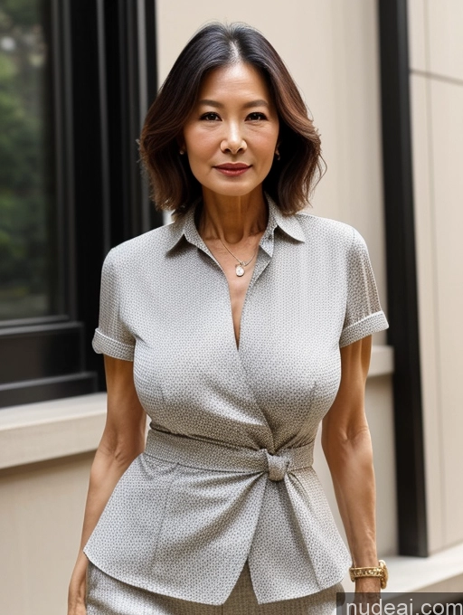 ai nude image of arafed woman in a gray shirt and skirt walking down a street pics of Milf Chinese Blouse Casual Suit Shirt Stylish Professor Topless Detailed 70s Perfect Boobs Perfect Body