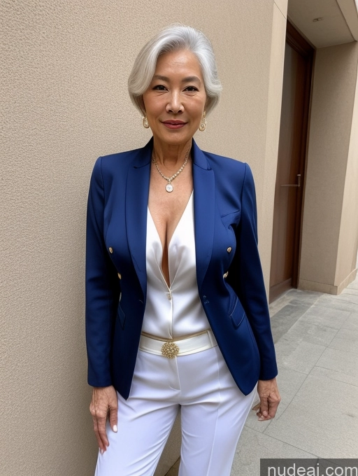 ai nude image of arafed woman in a blue jacket and white pants standing against a wall pics of Milf Chinese Blouse Casual Suit Shirt Stylish Professor Topless Detailed 70s Perfect Boobs Perfect Body