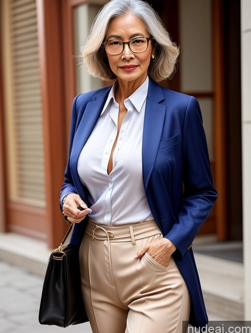 ai nude image of arafed woman in a blue jacket and tan pants with a black purse pics of Milf Chinese Blouse Casual Suit Shirt Stylish Professor Topless Detailed 70s Perfect Boobs Perfect Body Glasses Beautiful