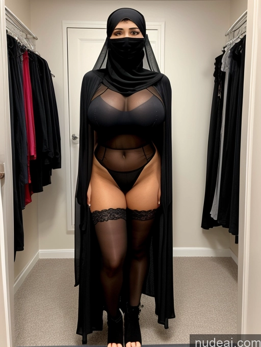 ai nude image of araffe dressed in a black outfit and a black cape pics of Woman Perfect Boobs Huge Boobs Small Ass 18 Black Hair Ponytail Arabic Changing Room Transparent Detailed Niqab