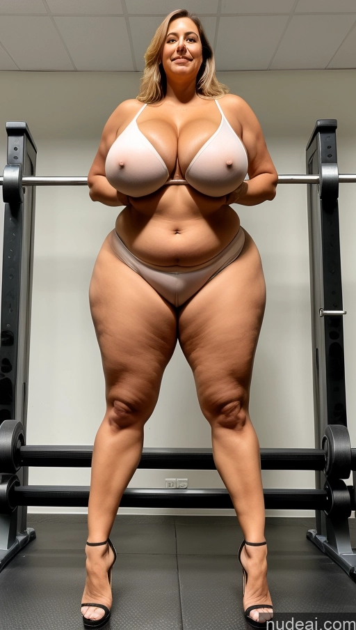 ai nude image of arafed woman in a white bikini posing in a gym pics of Milf Big Hips Tall Big Ass Long Legs Chubby Thick Abs Busty Beautiful Nude High Heels Two Huge Boobs 50s Gym