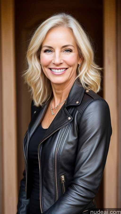 ai nude image of blond woman in black leather jacket smiling at camera in front of wooden door pics of Blonde Detailed Leather Woman 60s Skinny Happy