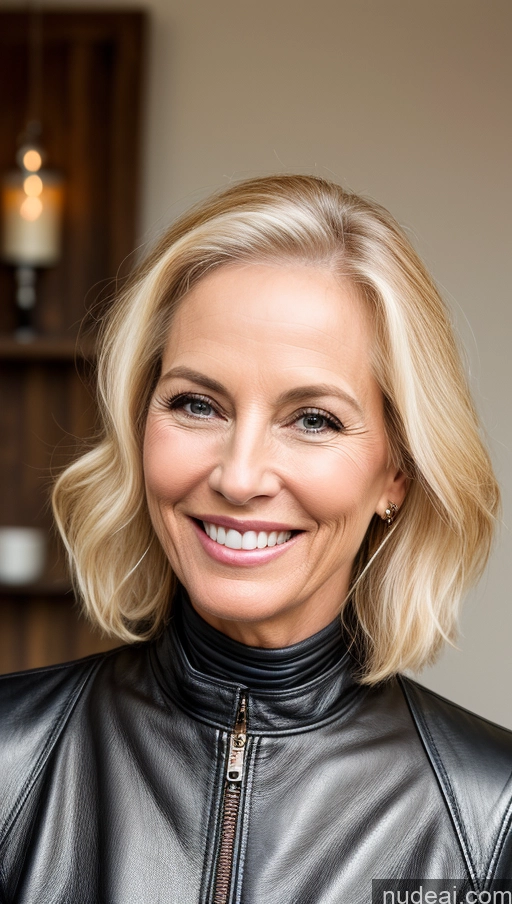 ai nude image of blond woman in black leather jacket smiling at camera with candles in background pics of Blonde Detailed Leather Woman 60s Skinny Happy