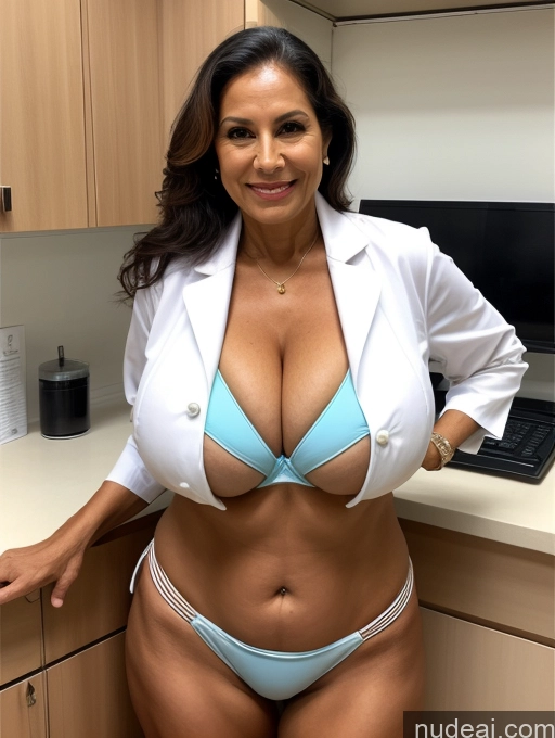 ai nude image of arafed woman in a white lab coat and blue bikini posing for a picture pics of Milf One Busty Huge Boobs Tanned Skin Front View Microkini Thong Professor Brazilian 70s Lab Coat