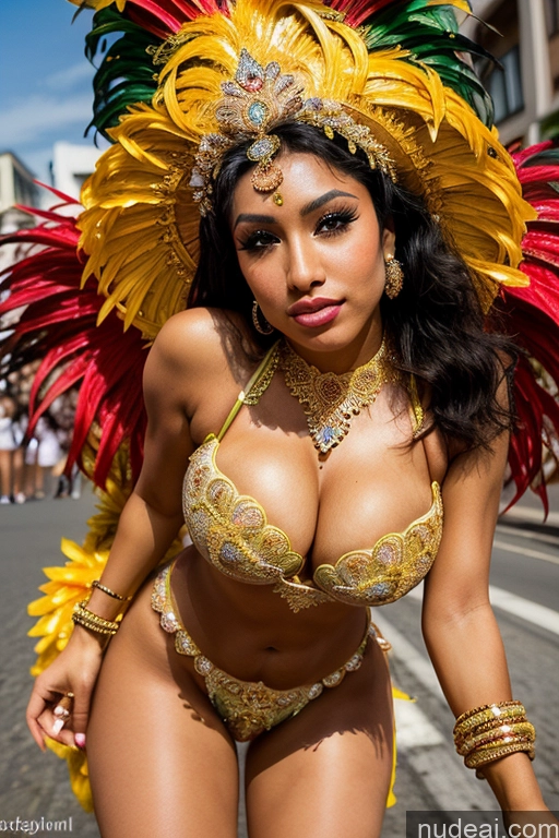 ai nude image of araffe dressed in a yellow and red costume walking down a street pics of Beautiful Skinny Big Ass Big Hips 20s Sexy Face Pouting Lips Seductive Black Hair Film Photo Detailed Street Dance Dress: Samba Brazilian Tanned Skin Cleavage Huge Boobs Traditional