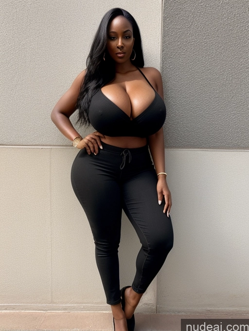 ai nude image of araffe woman in black top and pants posing for a picture pics of Woman One Huge Boobs Perfect Boobs Big Ass Big Hips Perfect Body 30s Black Hair Long Hair African Front View Casual Cleavage Detailed