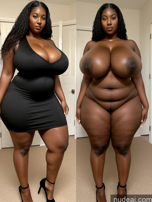 ai nude image of two women in black dresses posing for a picture in a room pics of Woman One Huge Boobs Perfect Boobs Big Ass Big Hips Perfect Body 30s Black Hair Long Hair African Front View Cleavage Detailed Dress Alternative Onoff