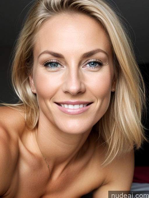 ai nude image of blond woman with blue eyes and a smile on her face pics of Beautiful Muscular Abs Tall On Back Nude Milf Busty Perfect Boobs Skinny Perfect Body Tanned Skin 40s Happy Blonde Long Hair Scandinavian Dark Lighting Detailed