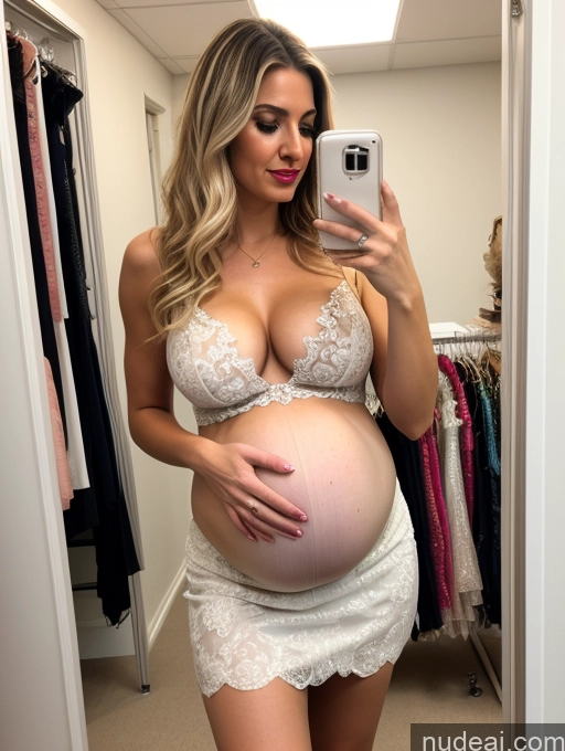 ai nude image of pregnant woman taking a selfie in a white dress in a closet pics of Woman Small Tits Lipstick Big Ass Pubic Hair Pregnant 30s Sexy Face Blonde Messy White Changing Room Front View Spreading Legs Micro Skirt Wedding Cleavage Diamond Jewelry Bright Lighting