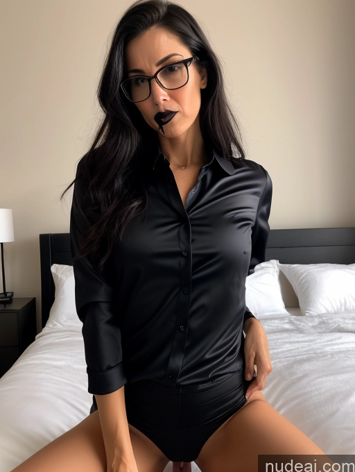 ai nude image of there is a woman in a black shirt and glasses posing on a bed pics of Czech 50s Black Hair Messy Skinny Small Ass Bedroom Blouse Shirt Yoga Pants Satin Transparent Simple Small Tits Blowjob Professor Casual Glasses Goth Angry Long Legs