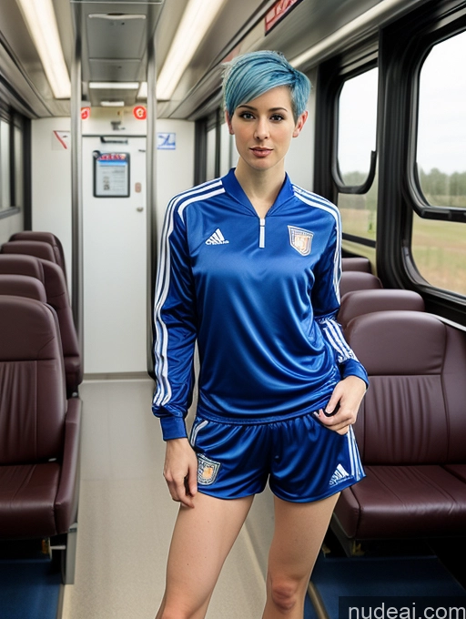 ai nude image of arafed woman in blue soccer uniform standing on train pics of Woman One Fairer Skin White Small Ass Small Tits Tall Long Legs Abs Pixie 20s Train Soccer Blue Hair