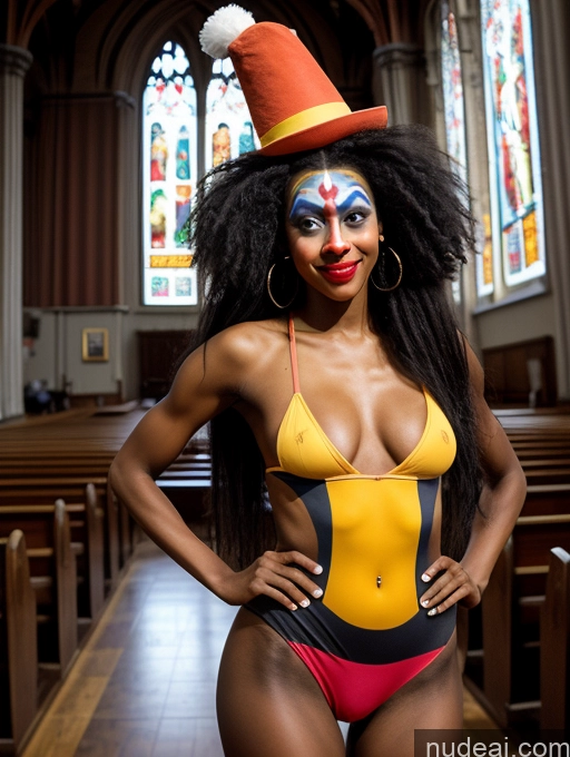 ai nude image of araffe dressed in a costume with a clown hat and a red nose pics of Woman One Small Ass Small Tits Tall Long Legs Abs 20s Black Hair Long Hair Dark Skin Black Clown Church