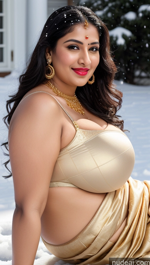 ai nude image of araffe woman in a gold dress posing for a picture pics of Woman Busty Huge Boobs Beautiful Lipstick Big Ass Chubby Fairer Skin 50s Sexy Face Black Hair Indian Skin Detail (beta) Snow Front View Bra Sari Traditional Gold Jewelry Bright Lighting Seductive Happy Straight Simple