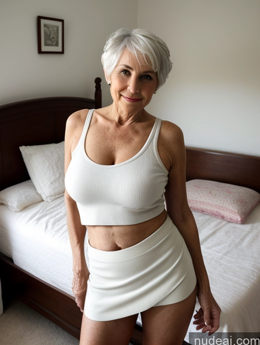 ai nude image of there is a woman in a white top and skirt posing for a picture pics of Milf Busty Small Ass Skinny Pubic Hair 70s White Hair Pixie Bedroom Crop Top Mini Skirt