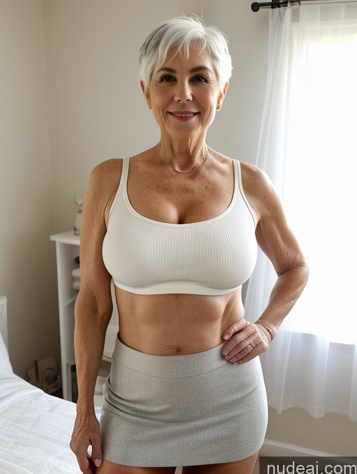 ai nude image of there is a woman in a white top and grey skirt posing for a picture pics of Milf Busty Small Ass Skinny Pubic Hair 70s White Hair Pixie Bedroom Crop Top Mini Skirt