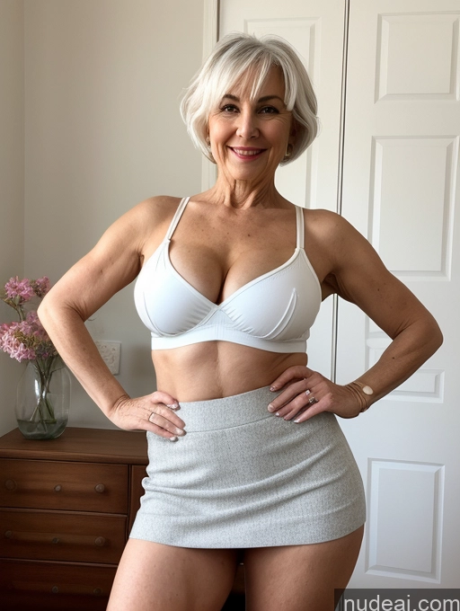 ai nude image of there is a woman in a white bra top and a skirt pics of Milf Busty Small Ass Skinny Pubic Hair 70s White Hair Pixie Bedroom Crop Top Mini Skirt Cleavage Micro Skirt