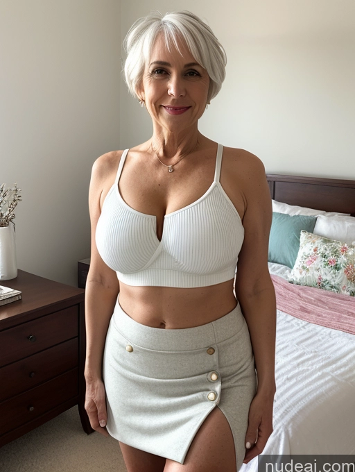 ai nude image of there is a woman in a white top and skirt posing for a picture pics of Milf Busty Small Ass Skinny Pubic Hair 70s White Hair Pixie Bedroom Crop Top Mini Skirt Cleavage Micro Skirt