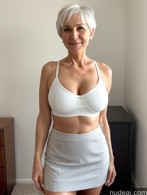 ai nude image of there is a woman in a white bra top and skirt posing for a picture pics of Milf Busty Small Ass Skinny Pubic Hair 70s White Hair Pixie Bedroom Crop Top Mini Skirt Cleavage Micro Skirt