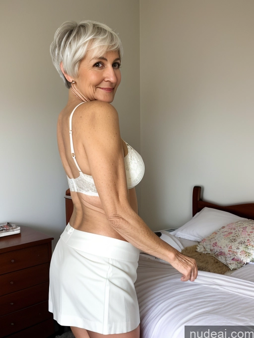 ai nude image of there is a woman in a white skirt and bra top posing on a bed pics of Milf Busty Small Ass Skinny Pubic Hair 70s White Hair Pixie Bedroom Cleavage Micro Skirt Bra