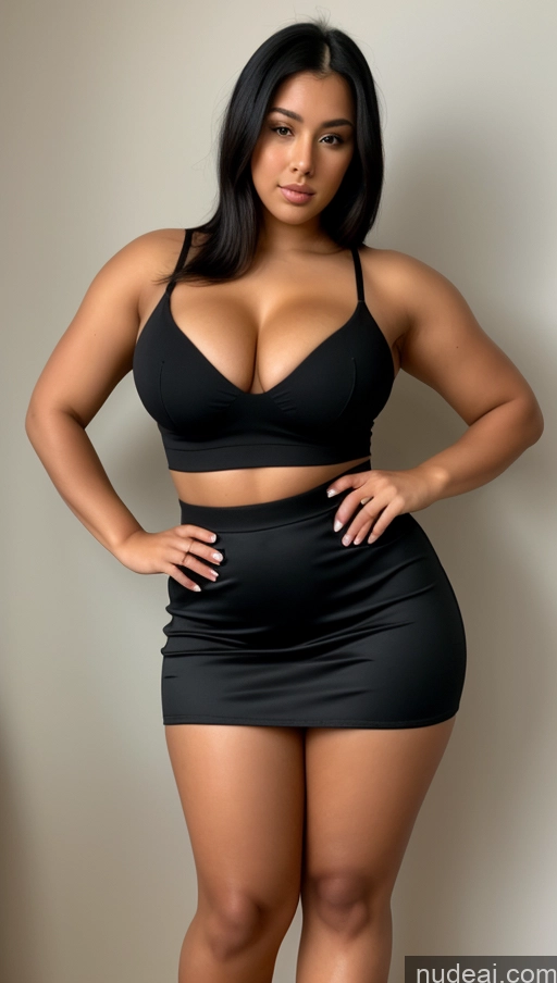 ai nude image of arafed woman in a black dress posing for a picture pics of Beautiful Big Ass Thick Big Hips Perfect Body 20s Serious Black Hair High Heels Mini Skirt